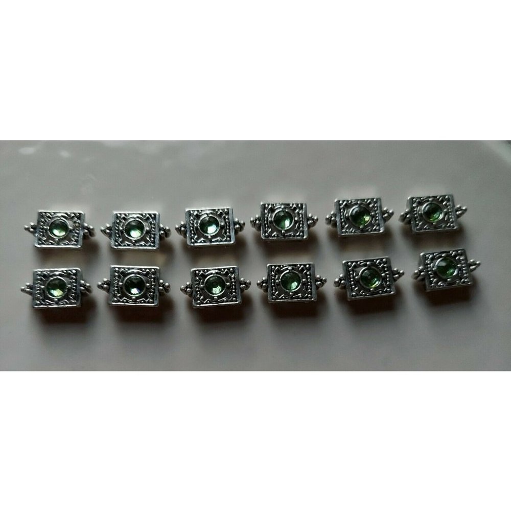 12 Double Hole Silver Metal Sliders Beads Genuine Peridot Austrian Crystals 15mm